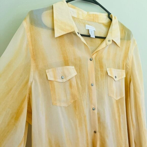 Chico's Gold Watercolor Snap Front Blouse SZ 2 - Picture 2 of 6